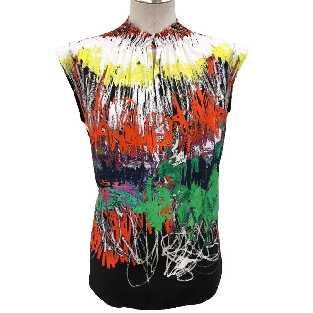 Cedric Charlier Blouse Shirt Womens 6 Cap Sleeve Mock Neck Artsy Career Teacher